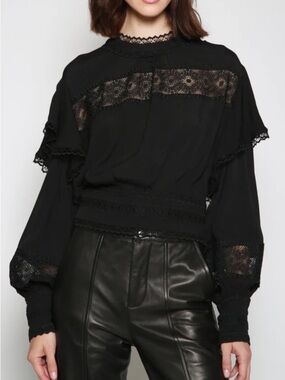 IRO Paris Claw guipure lace-trimmed ruffled crepe blouse. MSRP $495. Size S